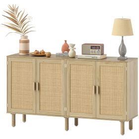 Bohemian Sideboard, 62.2" Buffet Cabinet with 4 Rattan Doors and Shelves for Living Room, Hallway, Natural