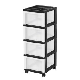 4-Drawer Narrow Plastic Storage Drawer Cart With Organizer Top, Black