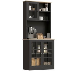 Kitchen Pantry Storage Cabinet, 72" Freestanding Cabinet with Hutch, Large Countertop, Glass Doors and Adjustable Shelves for Dining Room, Black
