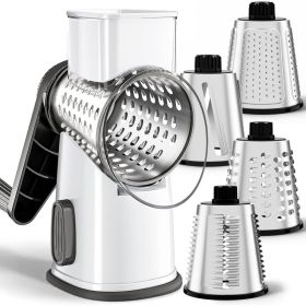 4 In 1 Large Cheese Grater, Hand Crank Rotary Shredder, White, 4 Interchangeable Graters For Cheese & Vegetables