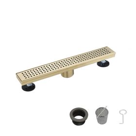 12 Inch Linear Shower Drain with Removable Square Patterned Grate, 304 Stainless Steel with Hair Strainer and Leveling Feet, Brushed Gold
