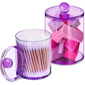 Acrylic Qtip Holder 2 Units, Cotton Ball Storage Jars With Lids, Purple Bathroom Organizer For Vanity And Countertop