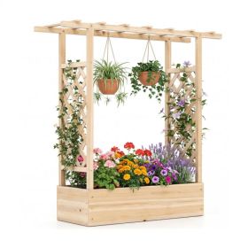 Fir Wood Raised Garden Bed with Side Trellis, 109.22×35.56×114.30 cm Planter Box with Drainage Holes-Natural