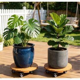 Set of 2 Natural Finish Wooden Plant Pot Mover, Portable Round Plant Stand with 4 Wheels, Sturdy Planter Caddy for Patio Garden Home Decor