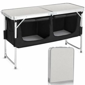 4FT Portable Folding Camping Table with Storage, Aluminum Outdoor Cooking Station with 2 Adjustable Legs, Black