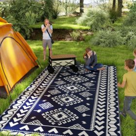 Reversible Outdoor Rug, Waterproof Plastic Straw With Carry Bag, 9 X 18, Blue & White Rhombus Patchwork