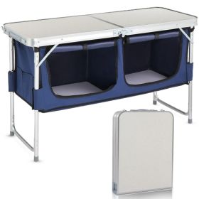 4FT Portable Folding Camping Table with Storage, Aluminum Outdoor Cooking Station with 2 Adjustable Legs, Blue