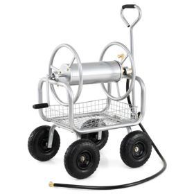Heavy Duty Garden Hose Reel Cart with 10" Pneumatic Wheels, Large Capacity Hose Winder with Storage Basket & Brass Fittings -Silver