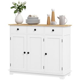 Sideboard with Solid Wood Countertop, Kitchen Storage Cabinet, Coffee Bar Cabinet with Drawers, Doors and Adjustable Shelf, White