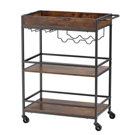 Bar Cart, 3 Tiers Home Kitchen Serving Carts, Industrial Rolling Utility Station on Wheel, Mobile Drink Beverage Shelf with Wine Rack & Glass Hol