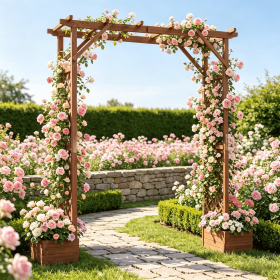 87in Tall Wooden Garden Arbor with Planter Boxes And Hanging Roof for Climbing Plants Outdoor Decorative Arch Trellis