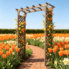 85 Inch Tall Flat Top Garden Arch with Gate Wood for Climbing Plants And Wedding Decor