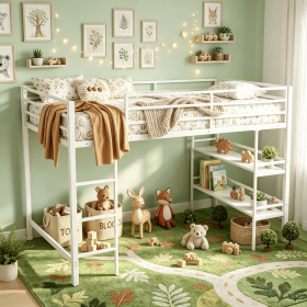 Twin Size Low Loft Bed for Boys And Girls with Metal Frame Ladder And Storage Shelves - Youth Bedroom Furniture