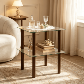 2-Tier Square End Table with Shelf Clear Tempered Glass Top Living Room Coffee Table Modern Minimalist Style