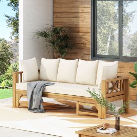 Outdoor Extendable Acacia Wood 3 Seater Sofa, Upholstered Cushion Couch, Daybed Sofa Chair, Spacious Seating Lounge Chair