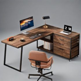 135 Cm Reversible L-Shaped Computer Desk with 3 Drawers And Shelves Home Office Desk Multifunctional Storage Workstation