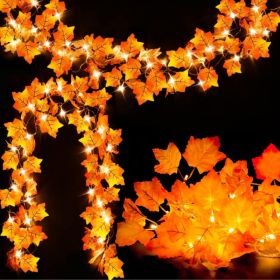 2-Pack Lighted Fall Garland 16.4ft Total, 40 LED Autumn Maple Leaf String Lights For Harvest & Thanksgiving Decor