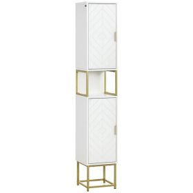 Tall Bathroom Storage Cabinet, Modern Narrow Bathroom Cabinet with Diamond Chevron Pattern and Adjustable Shelf, White