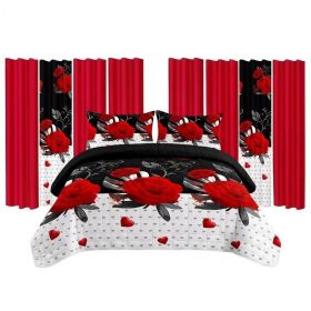 9 Piece Room In A Bag Quilt And Curtain Set, US Designer Romantic Red Rose Print Heavyweight Bedspread With 6 Customizable Window Panels, Pet-Fri (Option: CAL KING)