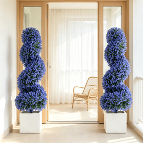 Set of 2 Artificial Spiral Topiary Trees Sun Protection with Ground Spikes Fake Evergreen Landscape Garden Decor (Color: Purple)