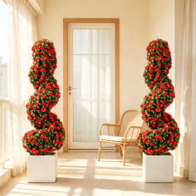 Set of 2 Artificial Spiral Topiary Trees Sun Protection with Ground Spikes Fake Evergreen Landscape Garden Decor (Color: Red)