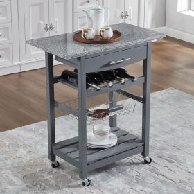 Mobile Rolling Kitchen Island Trolley Serving Cart with Underneath Drawer & Slide-Out Wire Storage Basket (Main Color: Grey, Main Material: Marble+Metal)