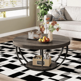 80 Cm round Coffee Table with 2 Shelves Industrial Living Room Table Modern Sofa Table with Storage Space (Color: Grey and Black)