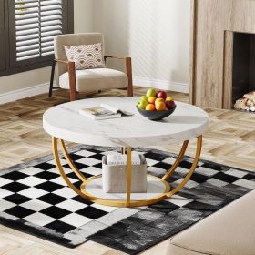 80 Cm round Coffee Table with 2 Shelves Industrial Living Room Table Modern Sofa Table with Storage Space (Color: White and Gold)